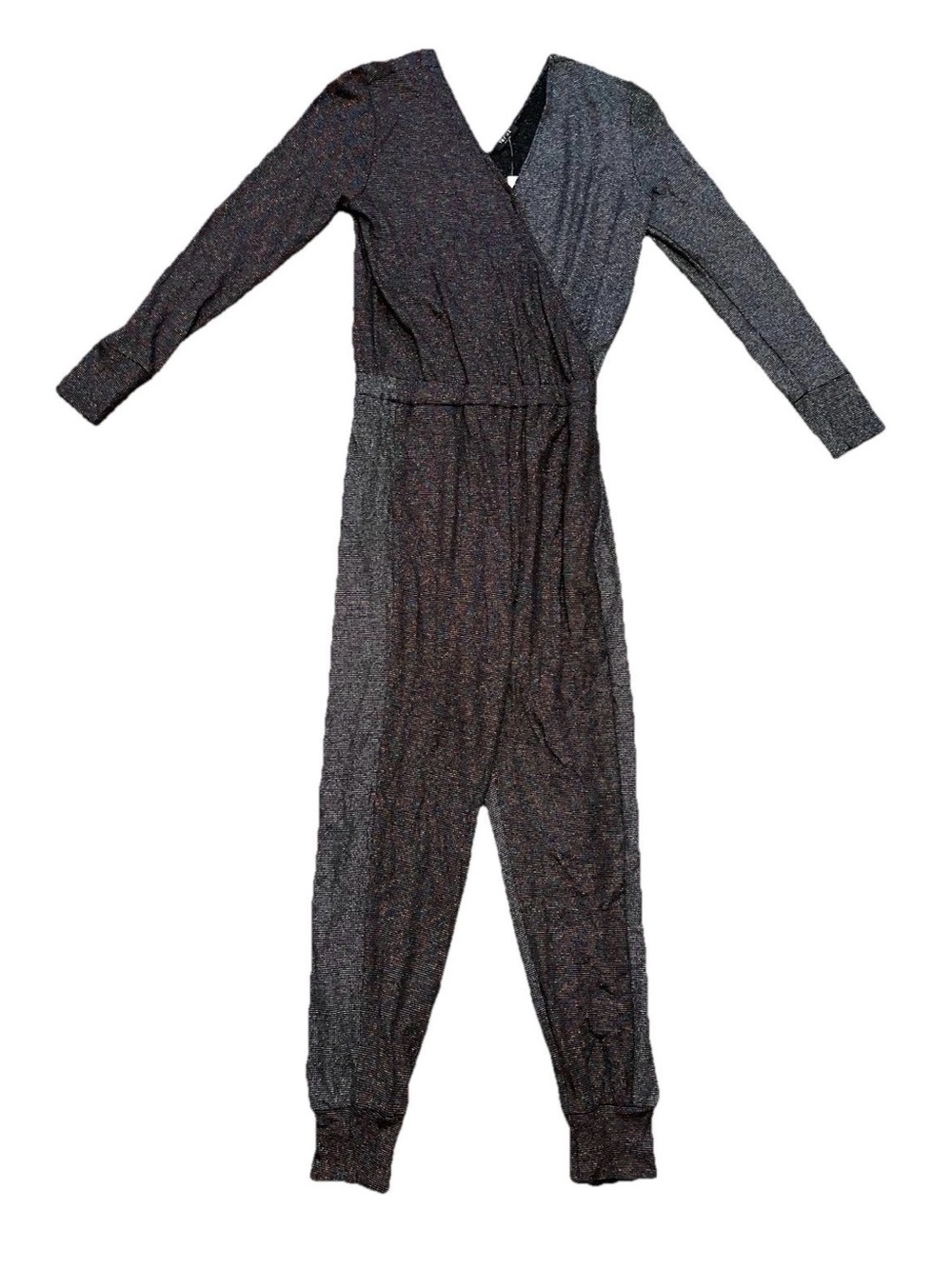 Terez Metallic-Knit Wrap Jumpsuit Silver Shimmer Waffle XS Made in USA Chic NWT